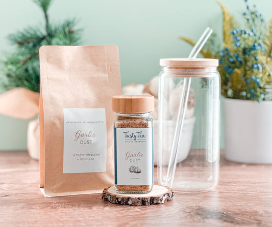 Starter Gift set.  Shaker Jar of Garlic Dust, refill pouch and bamboo topped drinking glass with straw