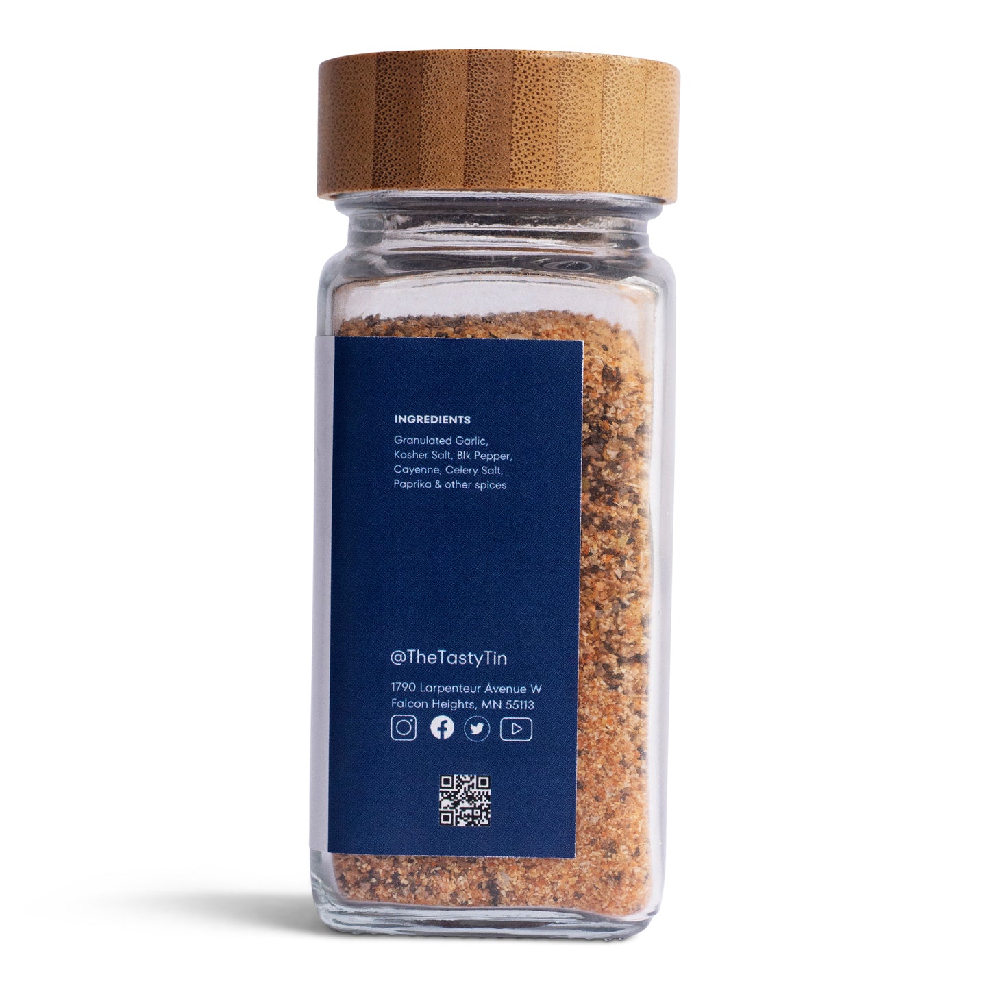 Tasty Tin garlic dust seasoning shaker with bamboo lid and detailed ingredient label