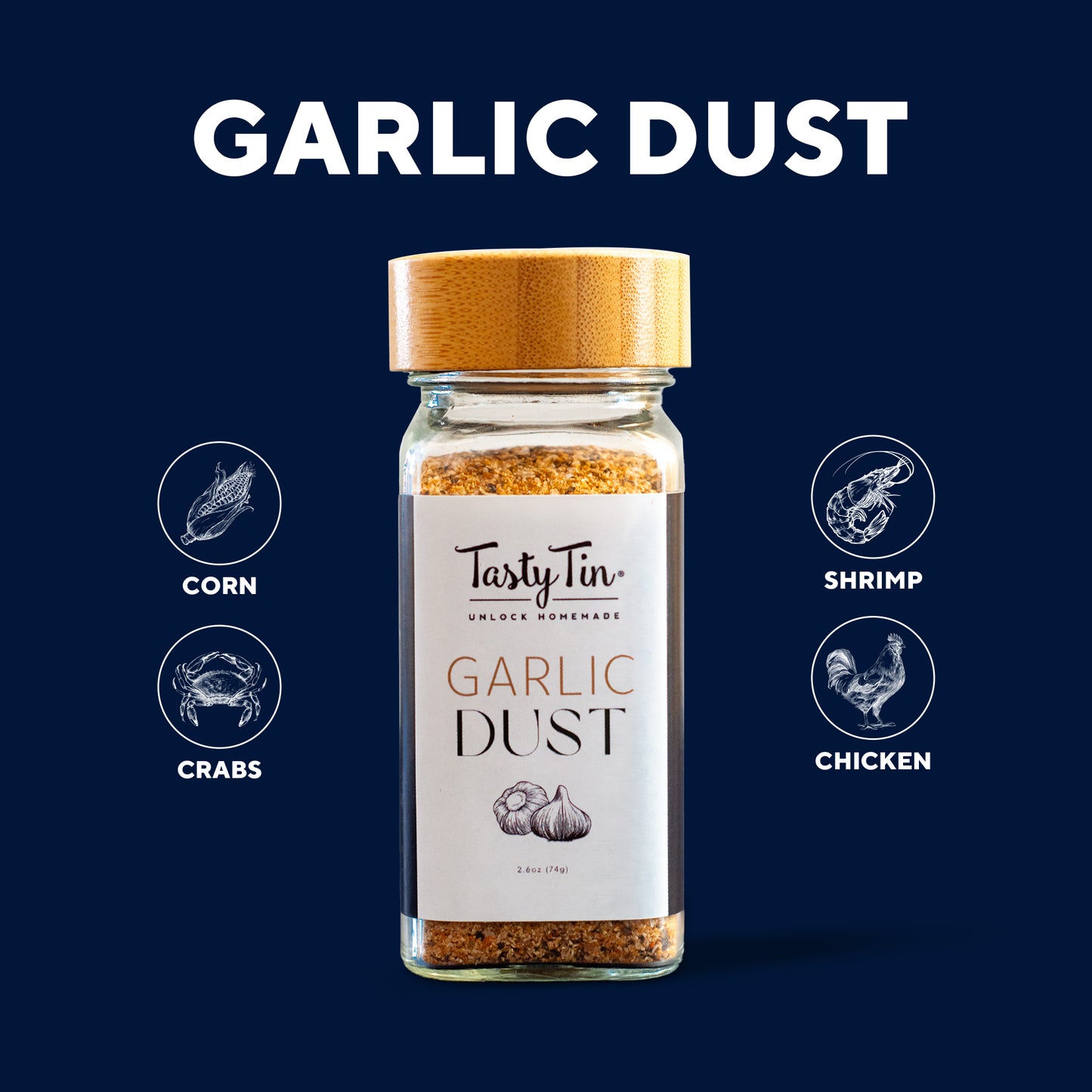 Tasty Tin garlic dust seasoning shaker with bamboo lid for corn, crabs, shrimp, and chicken