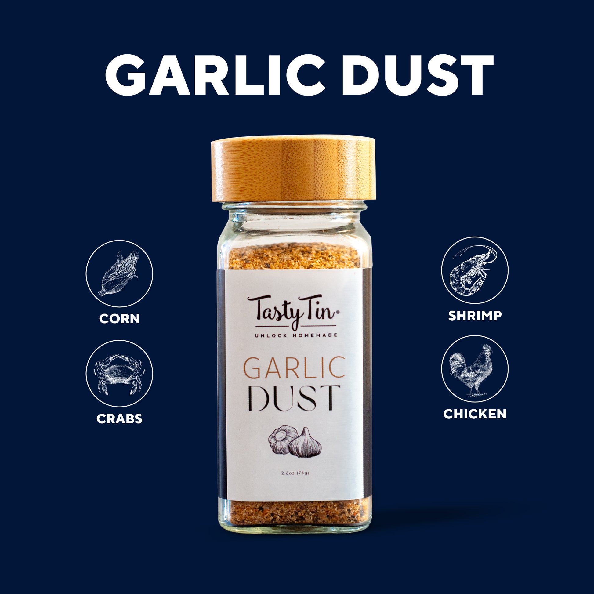 Tasty Tin garlic dust seasoning shaker with bamboo lid for corn, crabs, shrimp, and chicken