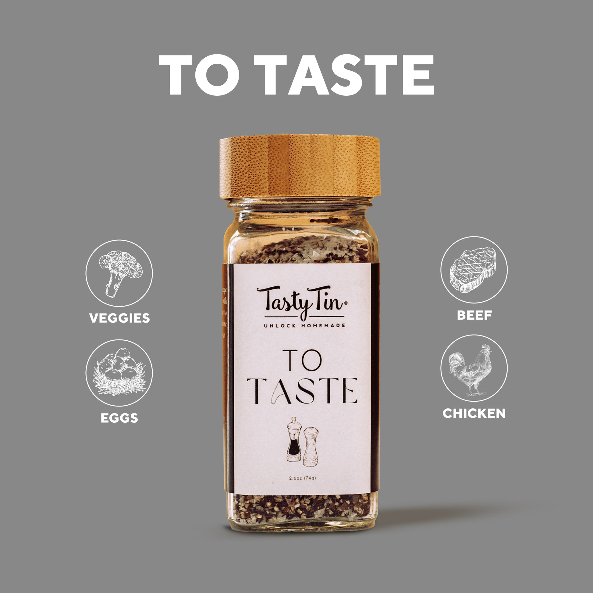 Tasty Tin To Taste gourmet seasoning shaker with wooden lid for veggies eggs beef and chicken