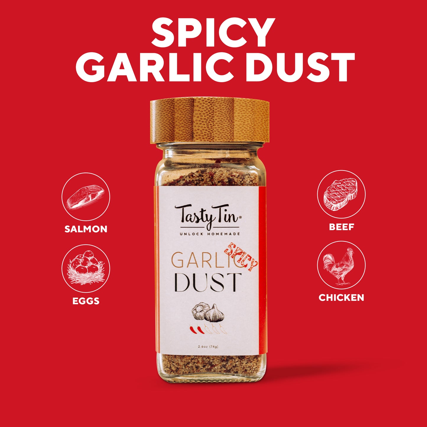 Tasty Tin spicy garlic seasoning shaker with bamboo lid on red background for salmon beef chicken and eggs